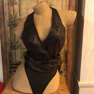 Donna Karan Leather Halter Top Bodysuit